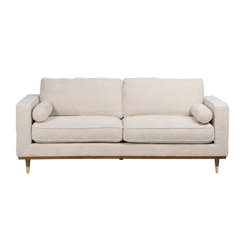 Canapé YSALINE droit 3 places tissu beige avec coussins déco chics