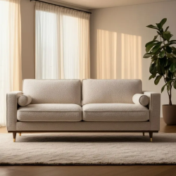 Canapé YSALINE droit 3 places tissu beige avec coussins déco chics