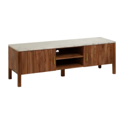 Meuble TV marbre clair et acacia 141×45 cm niche centrale TERONYS