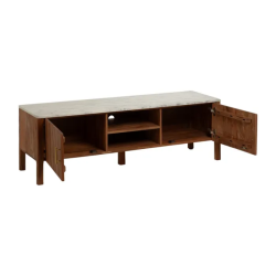 Meuble TV marbre clair et acacia 141×45 cm niche centrale TERONYS
