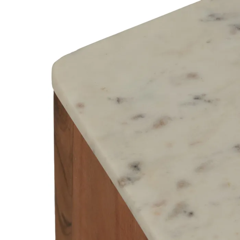Meuble TV marbre clair et acacia 141×45 cm niche centrale TERONYS
