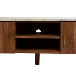 Meuble TV marbre clair et acacia 141×45 cm niche centrale TERONYS