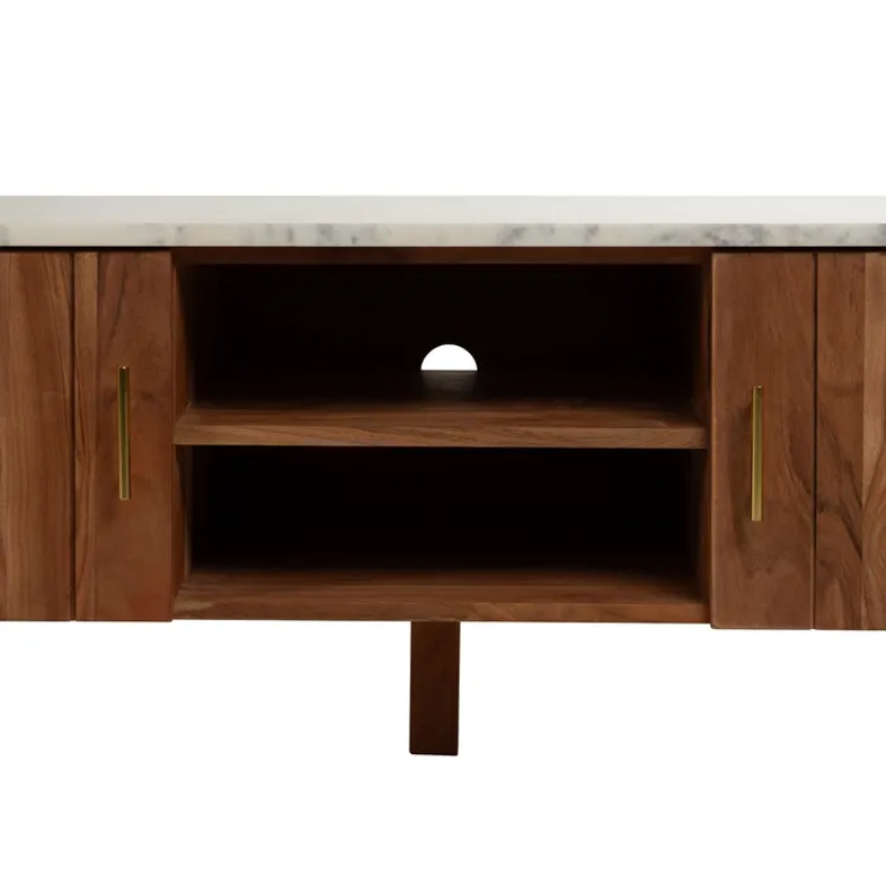 Meuble TV marbre clair et acacia 141×45 cm niche centrale TERONYS