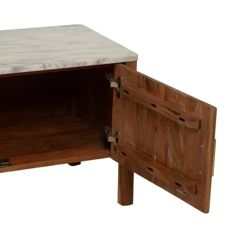 Meuble TV marbre clair et acacia 141×45 cm niche centrale TERONYS