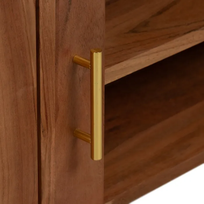 Meuble TV marbre clair et acacia 141×45 cm niche centrale TERONYS