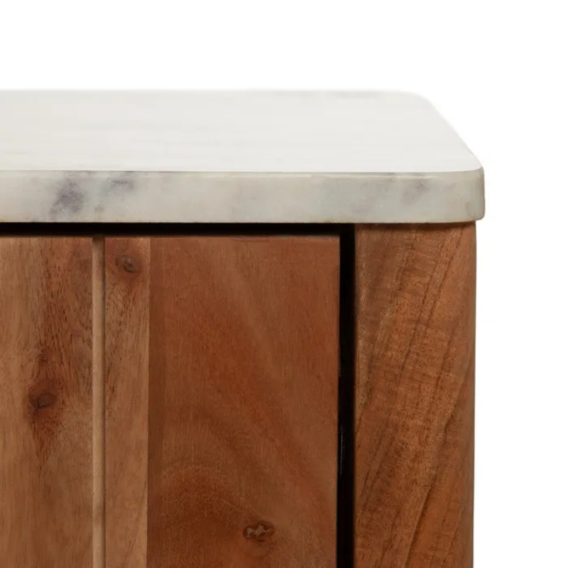 Meuble TV marbre clair et acacia 141×45 cm niche centrale TERONYS