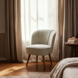 Fauteuil rayures vert sauge bois hévéa confort doux design CELARINE