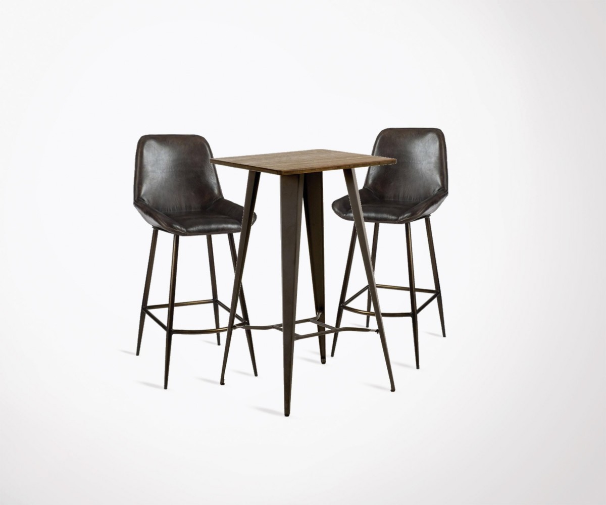 Table de bar bois métal + 2 chaises de bar cuir véritable style indus